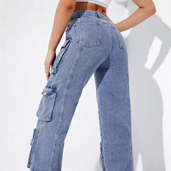 Blue Casual Womens High Waisted Flap Pocket Cargo Jeans - Picture 3 of 5